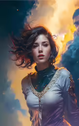 a beautiful young woman standing in front of some smoke