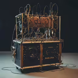 a radio sits next to the electrical cables on the back