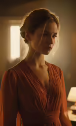 the girl in an orange dress is looking away from camera