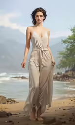 a woman in jumpsuits stands at the beach