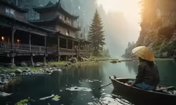 a man in a row boat with an umbrella, in a forest
