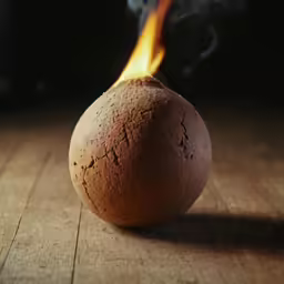 a ball on fire sits on a wooden floor
