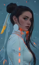 a woman with a white blouse and feather in her hair
