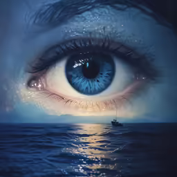 a person with an eye opened and a boat in the background
