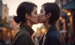 two asian girls are kissing each other in the street