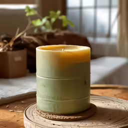 a green candle sitting on top of a wooden table