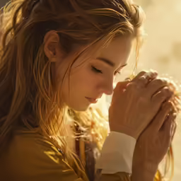 a woman with her hands together praying