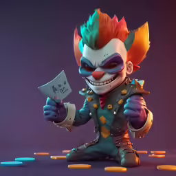 a joker doll holding up a piece of paper