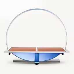 a modern blue metal and glass shelf
