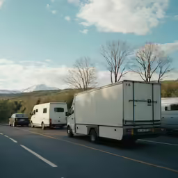 a long row of trucks sitting on the side of a road