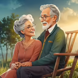 an older man and woman are sitting on the bench in the grass