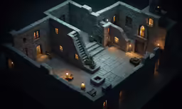 a large castle with stairs lit up inside