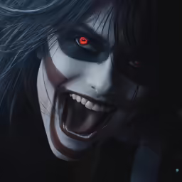 an evil woman in a black outfit with white teeth