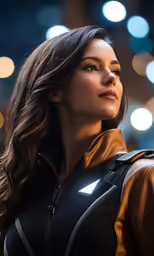 a model poses in leather and stands by her self