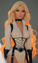 a woman with blonde hair and black gloves is wearing an outfit