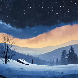 a snow covered landscape with mountains and pine trees,the snow covered ground below a mountain range