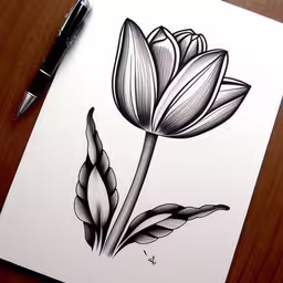 an image of a flower drawing on a paper,a drawing of a single flower on a white paper