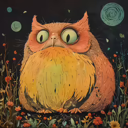 the owl is sitting in a field of flowers