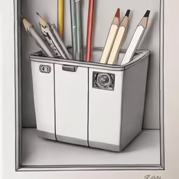 an illustration of pencils, and an ink pen in a pen box