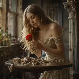 a young woman in a white gown holds a flower and flowers in her hands
