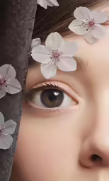 a girl with flower on her face holding a sword