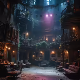 the dimly lit interior of an abandoned building