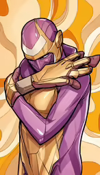 a stylized image of a man with a purple outfit