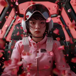 anime girl with helmet and pink clothing on,an anime style woman wearing a helmet on the cover of a spaceship