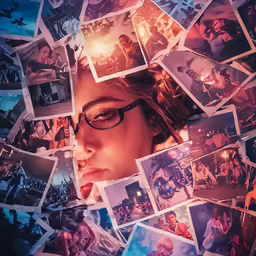 a collage of multiple pictures of a girl with her hair pulled back and glasses on