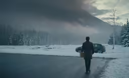 a person holding a suitcase walks down a snowy road
