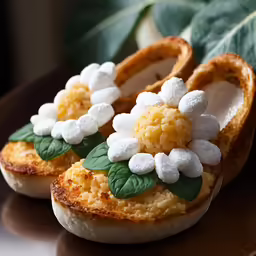 a plate of food with bread, white flowers and green leaves