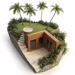 there is a house with a garden and palm trees