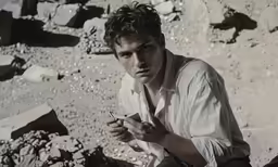 a man sitting on rocks with a cigarette in his hand