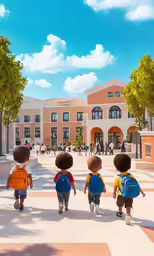 children walk down the sidewalk in front of a pink building