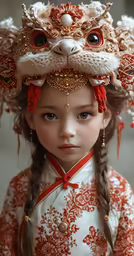 a girl dressed in asian garb and wearing an animal headpiece