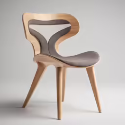 a wooden chair with a grey fabric and wood base