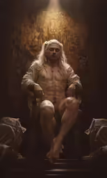 a man with long white hair and beards, in a chair, holding his hands together with both arms, with one hand, with a light shining on a dark background