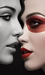 two beautiful women wearing red and white make - up