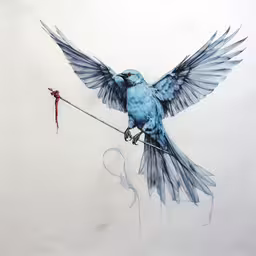 a blue bird with an arrow in its beak on a rope,drawing of a bird on the line being held