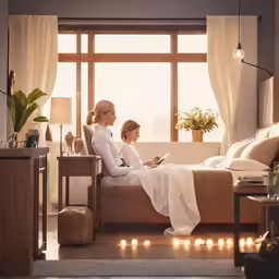 two women sitting on a sofa in front of windows and reading