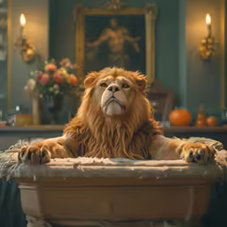 the lion sits in a vase looking at the camera