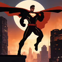 the character superman is flying in front of a full moon,a man with a cape standing on a roof in front of the moon
