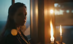 a woman standing in front of candles on a shelf