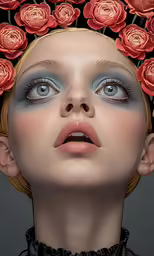a woman wearing blue eyes and a flower head wreath
