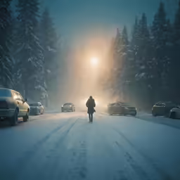 a person is walking across a snow covered road