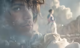 a man standing in a dust filled landscape next to a woman