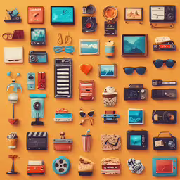 colorful wall with items from an array, including cell phones, cameras and pictures,colorful objects placed on a wall, including old televisions and film cameras