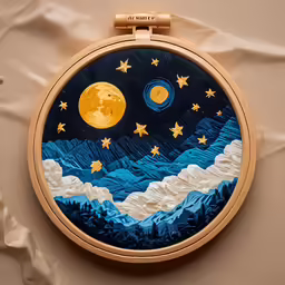 an embroideryed picture depicting the night sky and stars