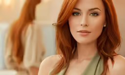 the model is looking straight ahead with red hair