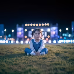 a small girl is sitting in the grass by her house